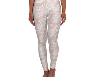 Pastel Floral Lace Boho Leggings, Lace Floral Motif Leggings, High Waisted Yoga Leggings, Pastel Floral Lave Motif, Faded Blossom Leggings