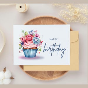 Happy Birthday Card - DIGITAL Download - Printable Birthday Card Featuring Colorful Cupcake - Printable Happy Birthday Card - Printable Card