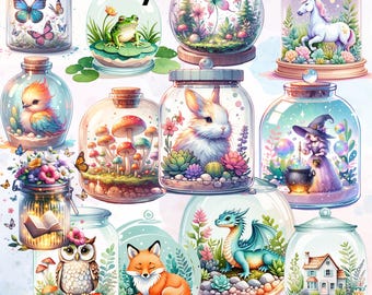 Paquete de imágenes prediseñadas de terrarios en acuarela: Conejo, Dragón, Rana (Descarga digital, 4096x4096 px, JPG, Imágenes prediseñadas de animales adorables, Imágenes prediseñadas místicas)