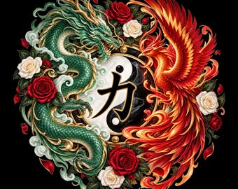Yin Yang Dragon Phoenix Clipart PNG | Dragon Phoenix Yin Yang Symbol | Mythical Balance Art | Tattoo Style Clipart | Printable PNG Download
