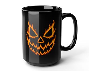 Halloween Mug, Flaming Jack-o'-Lantern Face, Black Ceramic Coffee Cup, Spooky Pumpkin, Creepy Flaming, Wicked Fiery, 11oz 15oz Ceramic Black