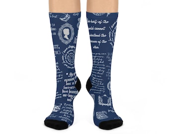 Jane Austen Quotes Socks, Literary Author Pattern,  Cushioned Crew Socks,  Vintage Lover Socks, Literary Author Pattern, Books Lovers Socks