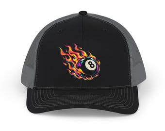 Flaming 8 Ball Pool Ball Cap, Trucker Snapback, Sports Hat, Everyday Wear, Pool Game Hat, Head Protection, Gamers Hat, Unisex, Gift for Him