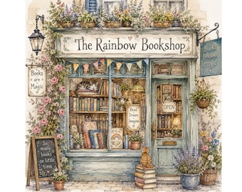 Bookstore Wall Print, Wall Art, Jpeg, Nostalgia Bookstore, Whimsical Bookstore, Old-fashioned Book Shop, Watercolor, Gift for Books Lovers