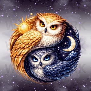 Yin Yang Owls PNG, Owls Sun Moon PNG, Owls Clipart, Owls Yin Yang Symbol, Mythical Balance Animals, Digital Download, Yin Yang Owls Birds