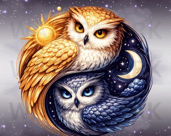Búhos Yin Yang PNG, Búhos Sol Luna PNG, Búhos Clipart, Búhos Símbolo Yin Yang, Animales Míticos Equilibrio, Descarga Digital, Búhos Pájaros Yin Yang