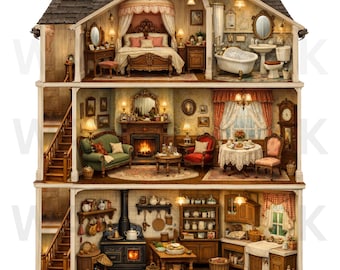 Victorian Dollhouse Interior Illustration, 3 Story Miniature House, 4500x4500 jpg, Kitchen, Parlor, Bedroom Dollhouse, Digital Download