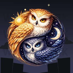 May include: A digital illustration of two owls forming a yin-yang symbol. One owl is golden with a sun, the other is blue with a moon and stars. The owls' eyes are yellow and blue.