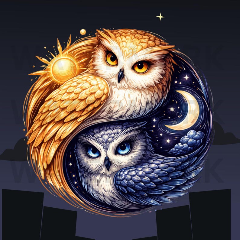 May include: A digital illustration of two owls forming a yin-yang symbol. One owl is golden with a sun, the other is blue with a moon and stars. The owls' eyes are yellow and blue.