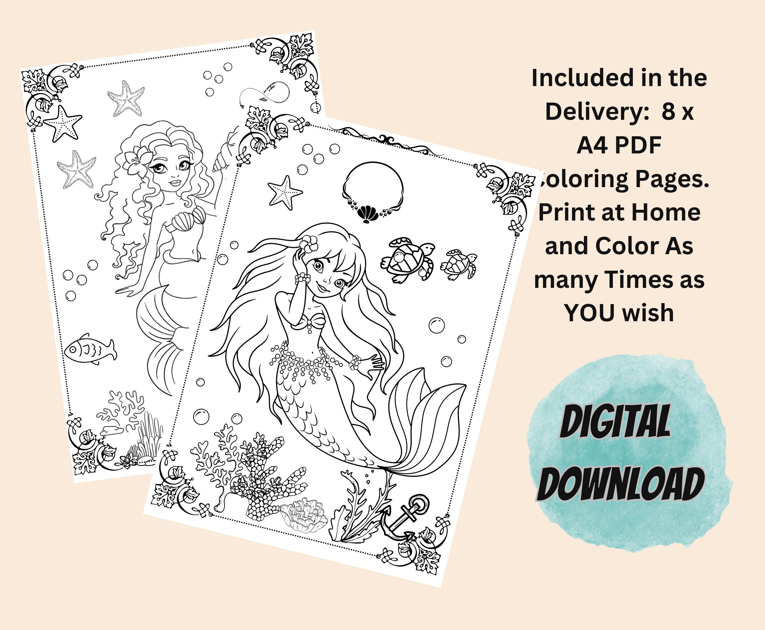 Mermaid Coloring Pages, 8 Page Mermaid Coloring Package, Mermaid ...