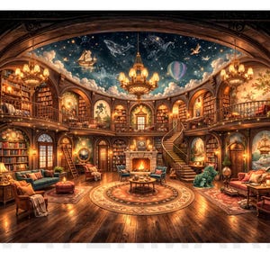 Puede incluir: Ilustración de una gran biblioteca con un techo celestial. La habitación cuenta con múltiples niveles de estanterías, una escalera de caracol y una chimenea. Candelabros y una iluminación cálida iluminan el espacio, creando un ambiente acogedor y acogedor.