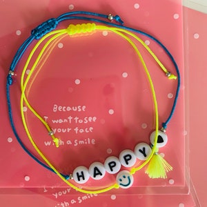 Armband Happy Makramee Smilie Geschenk Freundschaft Perlenarmband neon individualisierbar Schwester Love Strong Bild 6