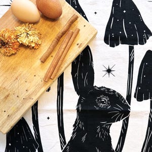 Bunny & Starry Mushroom Tea Towel – 100% Cotton Flour Sack, Black + White, Hanging Loop, 17.7&quot; x 25.6&quot;