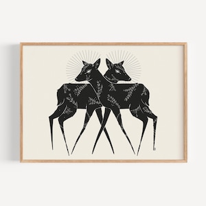 Psychic Twin Fawns Art Print – Mystical Woodland Creatures, Witchy Forestcore Illustration, Animal Oracle Art