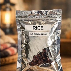 May include: A silver foil bag of rice with a label that reads "RICE" and "MADE IN USA 04/2020." The bag contains dark brown rice and sits on a wooden surface. The text "Peace of Mind for Your Family" is in the background.