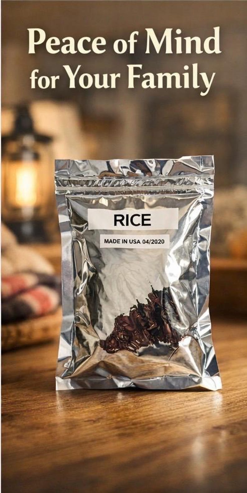 May include: A silver foil bag of rice with a label that reads "RICE" and "MADE IN USA 04/2020." The bag contains dark brown rice and sits on a wooden surface. The text "Peace of Mind for Your Family" is in the background.