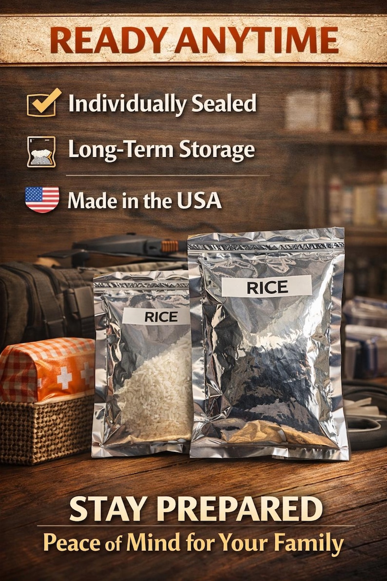 May include: Two silver pouches labeled "RICE" filled with white and brown rice, set against a wooden background. The image includes text that reads "READY ANYTIME", "Individually Sealed", "Long-Term Storage", and "Made in the USA". The bottom text says "STAY PREPARED".