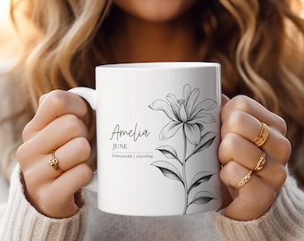 Birth Month Flower Mug Personalized With Any Name | Perfect Gift For Mom, Grandma, Sister, Aunt, Best Friend, Cousin, Birthday, Bridal Party
