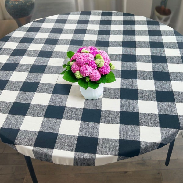 Round Fitted Tablecloth | Buffalo Check Plaid Fabric | Elastic | Fitted Table Cover | Spill proof | Water Resistant | Gift | Patio Decor