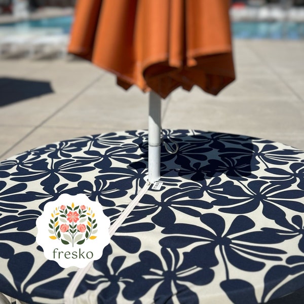 Round Fitted tablecloth | Elastic edge | Umbrella hole | Outdoor fabric | 24-70" | Zipper closure | Spill proof | Portable | Water Resistant