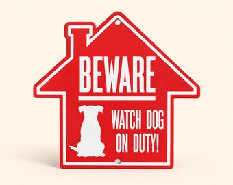 Può includere: Una targa in metallo rosso a forma di casa con testo bianco che recita BEWARE e WATCH DOG ON DUTY! con una sagoma bianca di un cane seduto. La targa presenta un bordo bianco e due piccoli fori circolari in alto e in basso per il fissaggio.