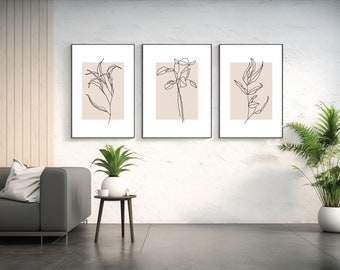 Botanical Line Art Prints, Neutral Wall Art, Digital Downloads, Bundle