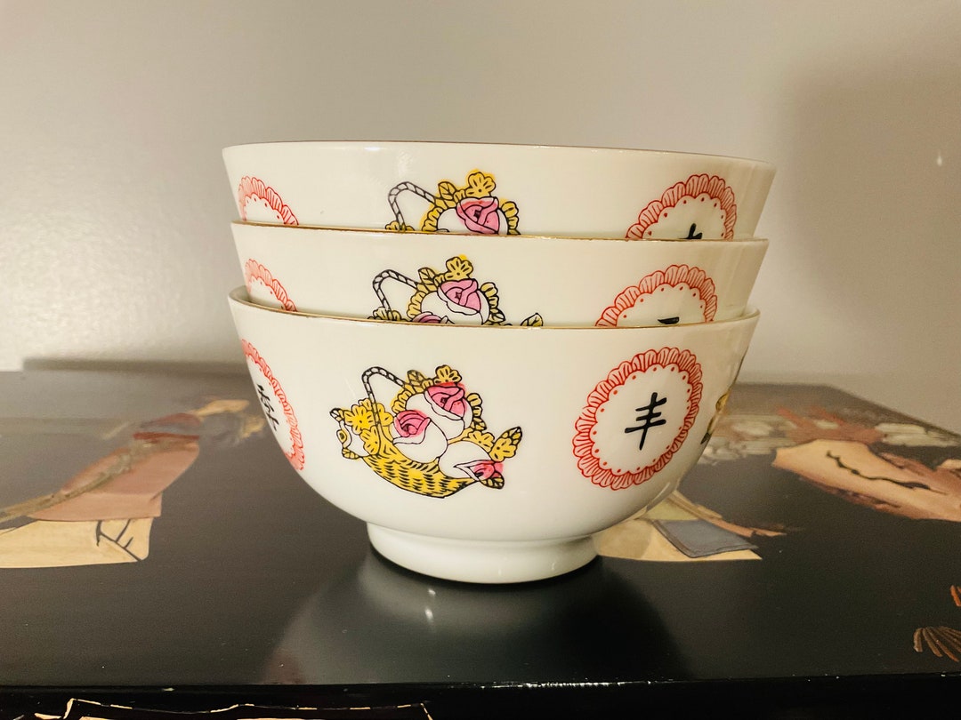 Vintage Chinese Rice Bowls With Gold Trim set of 3 Etsy