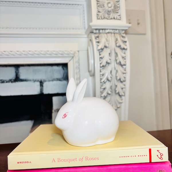 Vintage white ceramic bunny rabbit cotton ball holder Easter decor