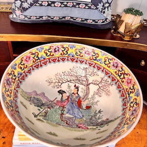 Vintage Famille Rose hand painted floral butterflies bowl Chinoiserie style decor