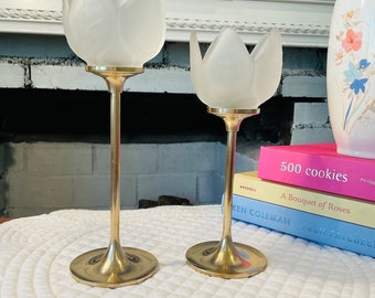 Vintage brass and frosted tulip glass candle holders (set of 2)