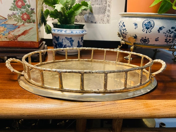 Vintage Brass Bamboo Style Oval Tray 