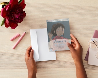 May include: A light blue invitation card with a cartoon image of a girl with brown hair and a pink dress. The text on the card reads "Join us to celebrate Melanie's 11th Birthday" and includes the date, time, and address.