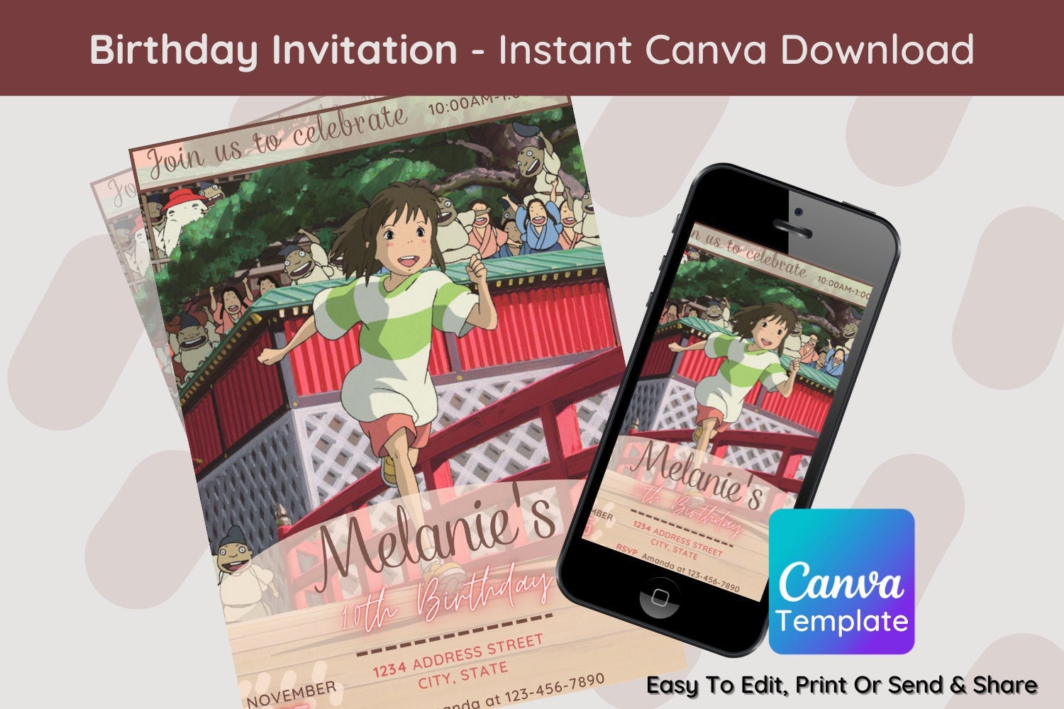 Studio Ghibli Spirited Away Birthday Invitation Party, Canva Invite ...
