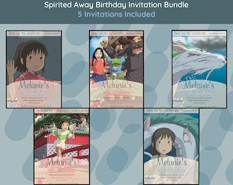 Studio Ghibli Chihiros Geburtstagsparty-Einladungs-Bundle, Canva Invite druckbar bearbeitbar, 5 Einladungen enthalten. Für Kinder und Erwachsene!