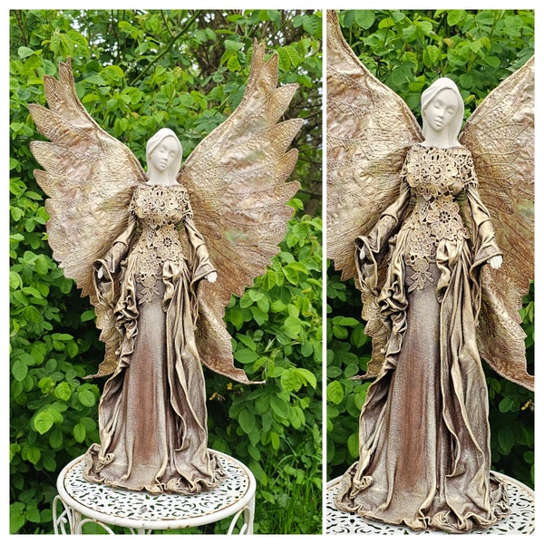 Himmlische Eleganz: Der Engel in Braun und Gold 58 cm Sculptur Handmade