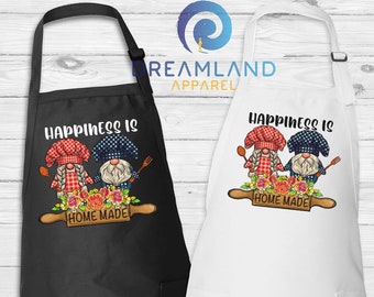 Happiness Is Apron, Homemade Apron, Gnomes Apron, Floral Apron, Cooking Apron, Kitchen Apron, Chef Apron, Apron For Woman, Apron For Men
