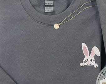 Sudadera con bordado de conejito, sudadera con capucha de Pascua bordada, ropa de Pascua para niños, sudadera con orejas de conejo, sudadera con estampado de primavera, sudadera con huevos de conejo