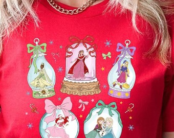Disney Princess Snow Globe Coquette Bow Tshirt, Christmas Princess Shirt, Elsa Anna Snowy Shirt, Rapunzel Xmas Shirt, Belle Girls Shirt