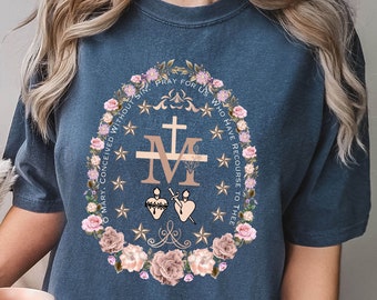 Marian Catholic Shirt, Comfort Colors Tee, Virgin Mary T shirt, Catholic gifts for women, Catholic T-shirt, Marian Cross Shirt, Floral Women