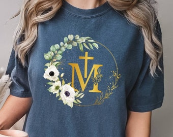 Marian Catholic T-Shirt, Comfort Colors Shirt, M & Faith Cross Shirt, Floral Women Religious Shirts, Virgin Mary Tee, Assumption of Mary