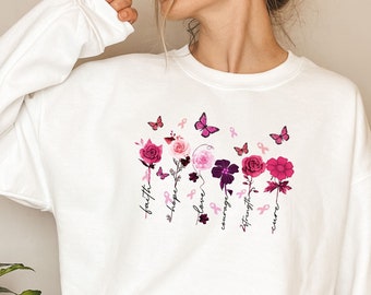Floral Cancer Sweatshirt, Pink Butterfly T-shirt, Breast Cancer Shirt, Awareness Day Shirt, Pink Ribbon Cancer Shirt, Cancer Survivor Shirt