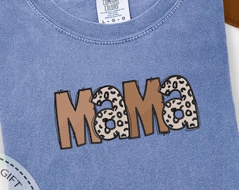 Embroidered Mama Shirt, Mama Leopard Tee, Mothers Day Gift, Comfort Colors, Leopard Pattern Tee, Mom Birthday Gift, New Mama Tshirt