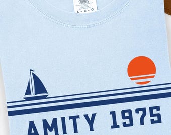 Amity 1975 Comfort Colors Shirt, Amity Island Tshirt, Beach Holiday Tee, Summer Vacation Tee, Retro Shark Shirt