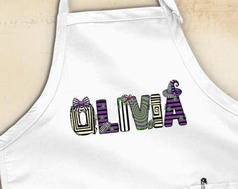 Delantal de Halloween personalizado con nombre de bruja, delantal de mujer espeluznante, delantal de Halloween personalizado, regalo de Feliz Halloween, regalo de cumpleaños de Disney para Halloween.