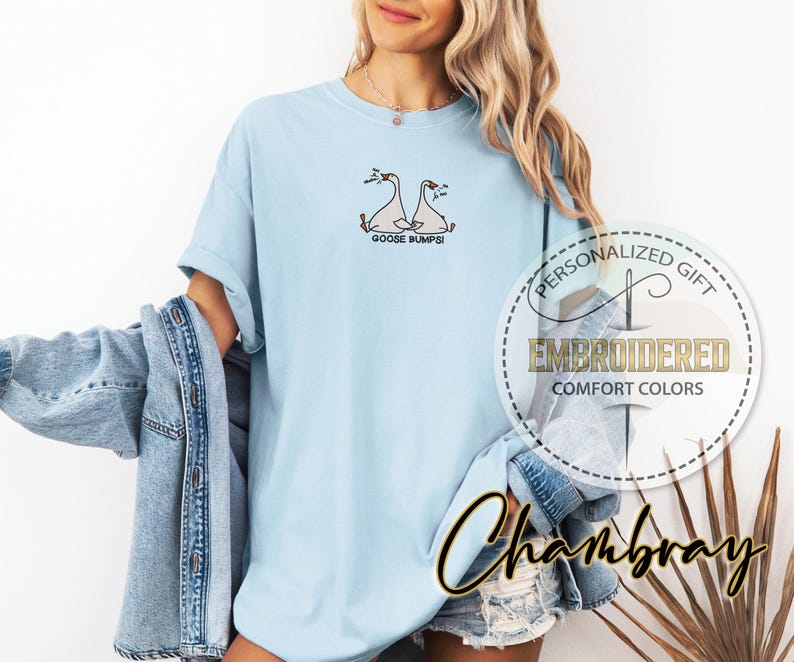 Pu&ograve; includere: T-shirt azzurra con disegno di oche ricamate e la scritta "GOOSE BUMPS!". La maglietta presenta anche il testo "EMBROIDERED COMFORT COLORS" e "Chambray" in un design circolare.