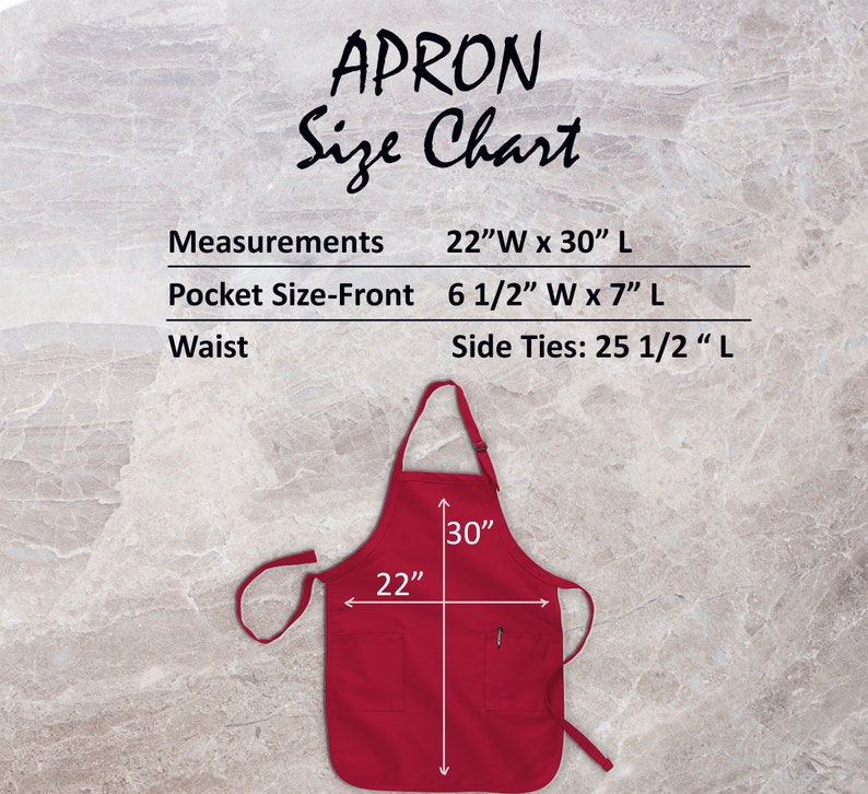 May include: Red apron with two front pockets and a pen pocket. The apron measures 22 inches wide and 30 inches long. The pocket size is 6 1/2 inches wide and 7 inches long. The waist ties are 25 1/2 inches long. The text "APRON Size Chart" is at the top.