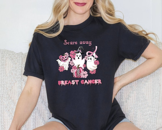 Scare Away T-shirt, Comfort Colors Shirt, Breast Cancer Shirt, Halloween Floral Shirt, Fall Shirt, Ghost Tee, Pink Ribbon Shirt, Pumpkin Tee