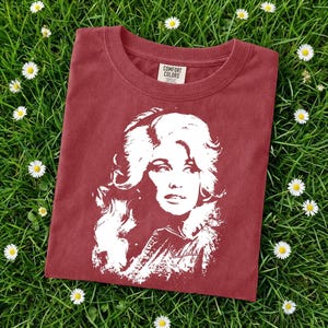 May include: A brick red short-sleeved t-shirt featuring a white graphic print of a woman with voluminous hair. The interior neck label displays the text Comfort Colors. The shirt is made of cotton and has a crew neckline and a standard fit.