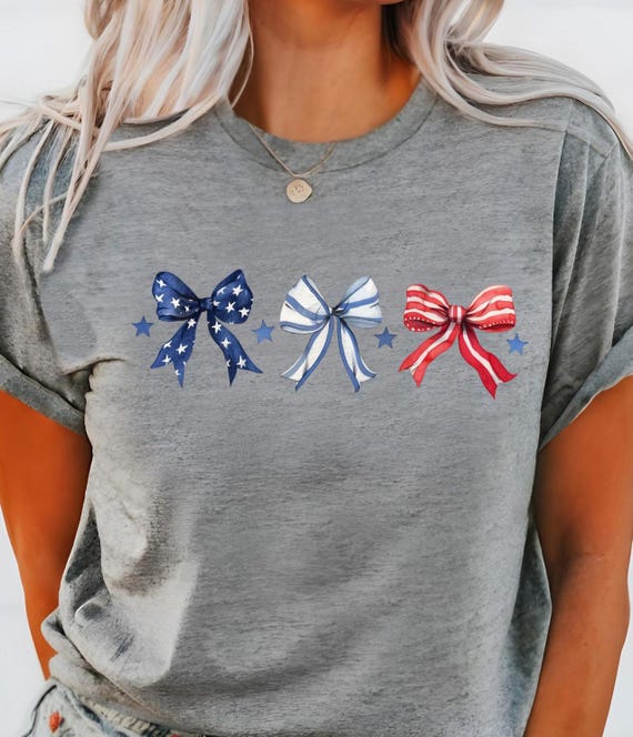 Watercolor Bow Shirt, American Bow Shirt, 4th Of July Shirt, USA Ribbon Shirt, Patriotic Shirt, American Girl Shirt, USA Woman Gift