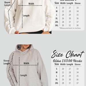 Puede incluir: La imagen muestra una sudadera blanca y una sudadera con capucha gris, ambas con tablas de tallas. Las tablas muestran medidas en cm para ancho, largo y largo de manga, desde la talla S hasta la 3XL.